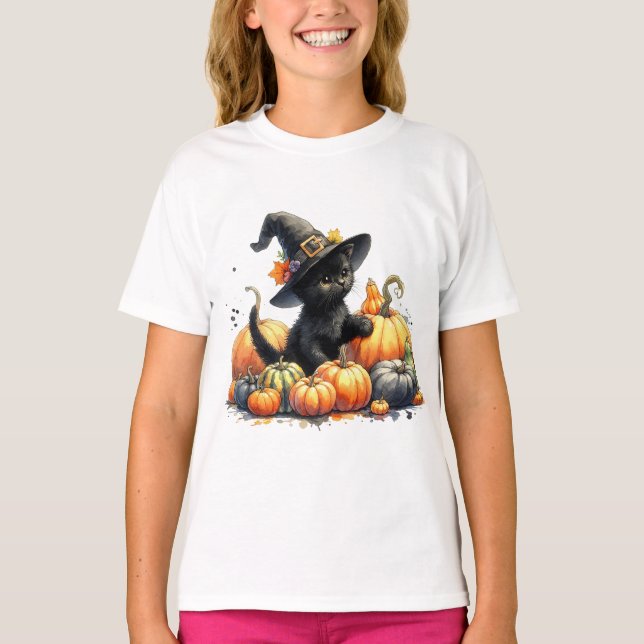 Camiseta Gatito negro de Halloween con calabazas y Gorra de (Anverso)