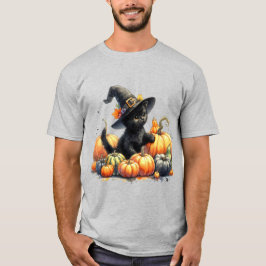 Camiseta Gatito negro de Halloween con calabazas y Gorra de