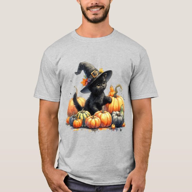 Camiseta Gatito negro de Halloween con calabazas y Gorra de (Anverso)