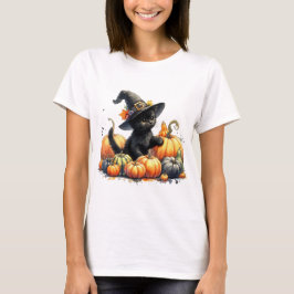 Camiseta Gatito negro de Halloween con calabazas y Gorra de