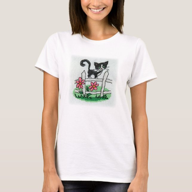 Camiseta Gatito negro en un bordado de la puntada de la (Anverso)