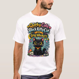 Camiseta Gatito negro lindo y extravagante con bigotes larg