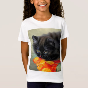 Camiseta Gatito negro vintage con manta de flores rojas