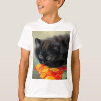 Gatito negro vintage con manta de flores rojas