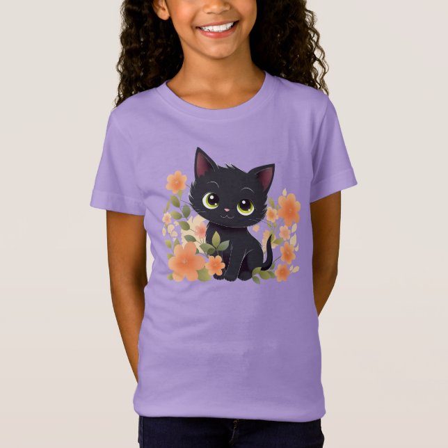 Camiseta Gatito negro y flores (Anverso)