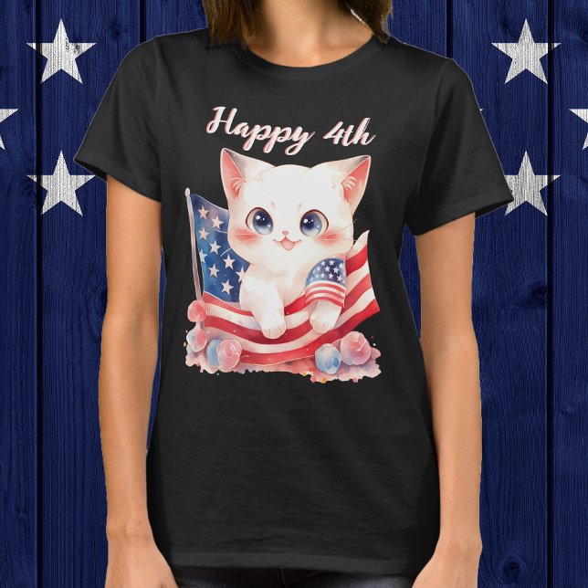 Camiseta Gatito Patriótico 4 de Julio Feliz 4 Personalizado (Patriotic Kitten 4th of July Happy 4th Custom T-Shirt)