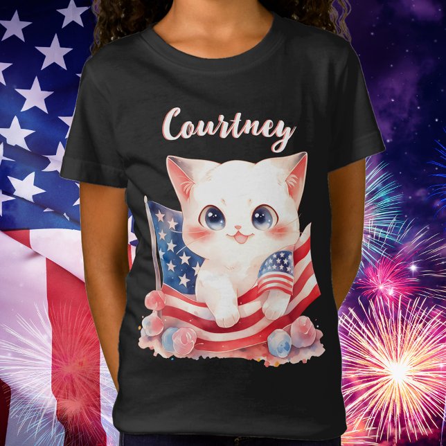 Camiseta Gatito patriótico 4 de julio personalizado (Patriotic Kitten 4th of July Personalized T-Shirt)