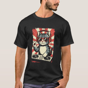 Camiseta Gatito Rojo Blanco DJ en Tornamesas Sintetizador E