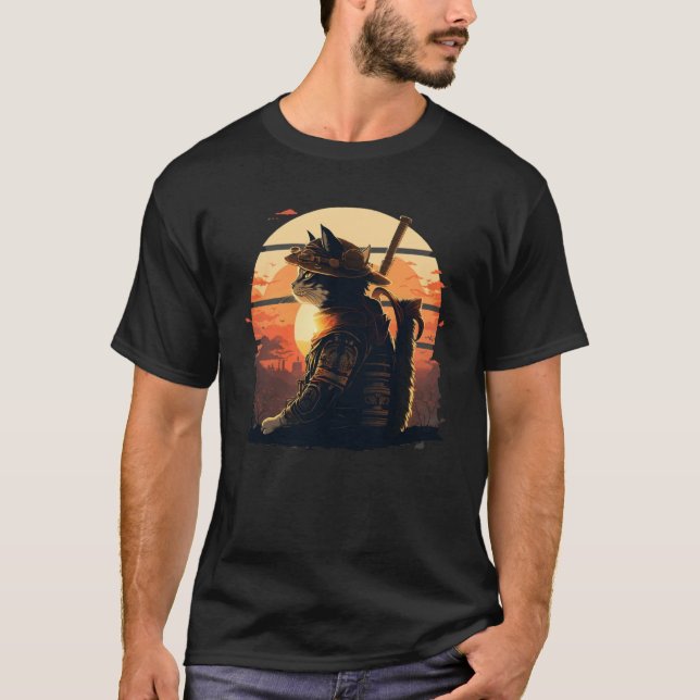 Camiseta gatito samurai Gatito japonés estilo atardecer est (Anverso)