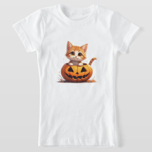 Camiseta Gatito Sonriente En Parche De Calabaza Halloween �