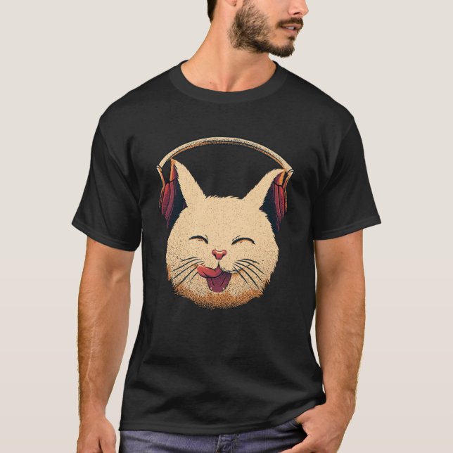 Camiseta Gatito sonriente lindo con audífonos Gato musical (Anverso)