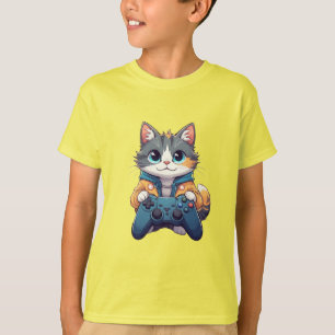 Camiseta Gatito sosteniendo un control de juego sonriendo G