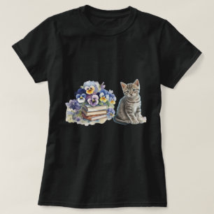 Camiseta Gatito Tabby Acuarela Pansies Libros Arte