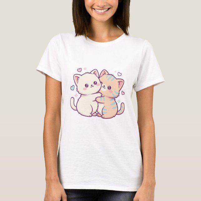 Camiseta Gatitos Adorables Abrazando Corazones (Anverso)