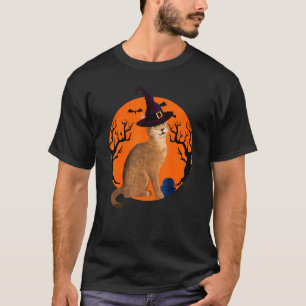 Camiseta Gato Abisinio Halloween Sombrero de Bruja y Luna