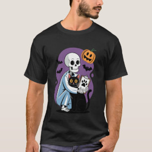Camiseta Gato abrazando esqueleto divertido amante de gatos