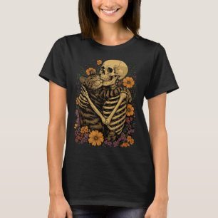 Camiseta Gato abrazando esqueleto floral amante de gatos Ha