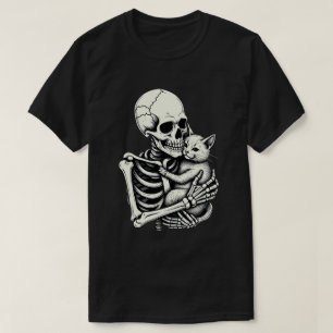 Camiseta Gato Abrazando Esqueleto Funny Gato Amante De Hall