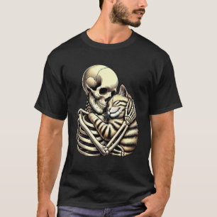 Camiseta Gato abrazando esqueleto Gato de Halloween Mamá Pa