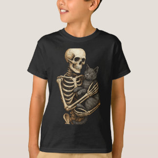 Camiseta Gato abrazando esqueleto Halloween Amante de gatos