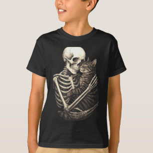Camiseta Gato abrazando esqueleto Halloween amante de gatos