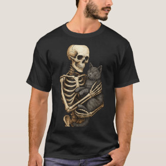 Camiseta Gato abrazando esqueleto Halloween Amante de gatos
