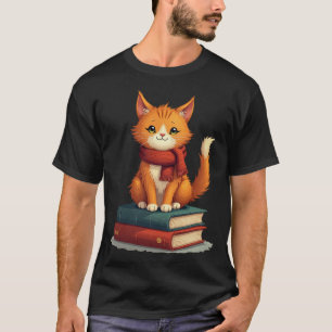 Camiseta Gato Acogedor Leyendo Libros Bufanda Otoño Gato Vi