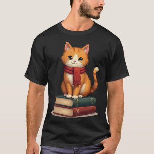 Camiseta Gato Acogedor Leyendo Libros Bufanda Otoño Viaje V