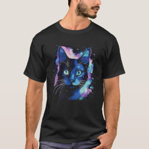 Camiseta Gato acuarela en Espacio Cósmico Violeta y Azul