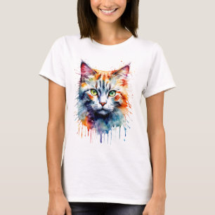 Camiseta Gato acuarela salpicadura de arte multicolor
