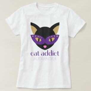 Camiseta Gato Addict Cute Black Purple Gold Nombre personal