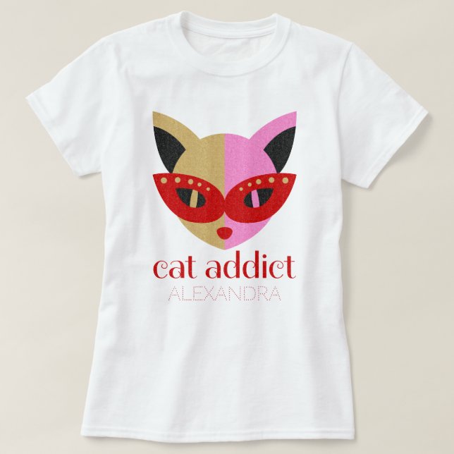 Camiseta Gato Addict Cute Red Pink Gold Nombre personalizad (Diseño del anverso)