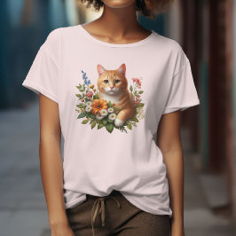 Camiseta Gato Adorable Con Flores