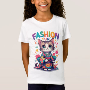 Camiseta Gato Adorable con Kimono Floral Celebra la Moda