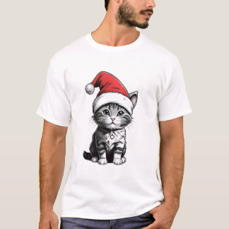 Camiseta Gato adorable con sombrero de Santa