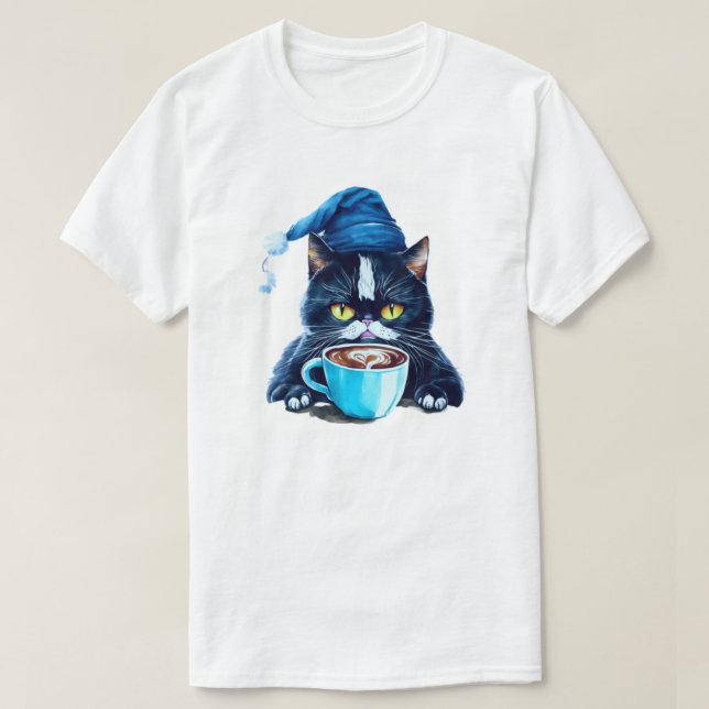 Camiseta Gato Adorable con tapón azul y tazón de café (Diseño del anverso)