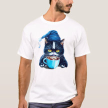 Gato Adorable con tapón azul y tazón de café