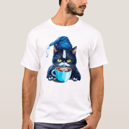Camiseta Gato Adorable con tapón azul y tazón de café