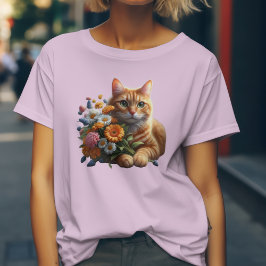 Camiseta Gato Adorable y Flores Silvestres
