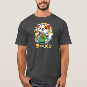 Camiseta Gato afortunado comiendo fideos de Ramen Kawaii Cu