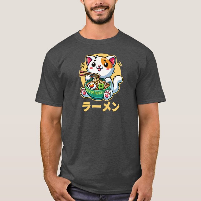 Camiseta Gato afortunado comiendo fideos de Ramen Kawaii Cu (Anverso)