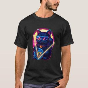Camiseta Gato Afortunado Futurista Retro Sosteniendo Moneda