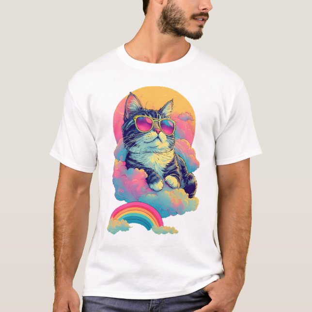 Camiseta Gato al azote retro masticando gato con arcoiris (Anverso)