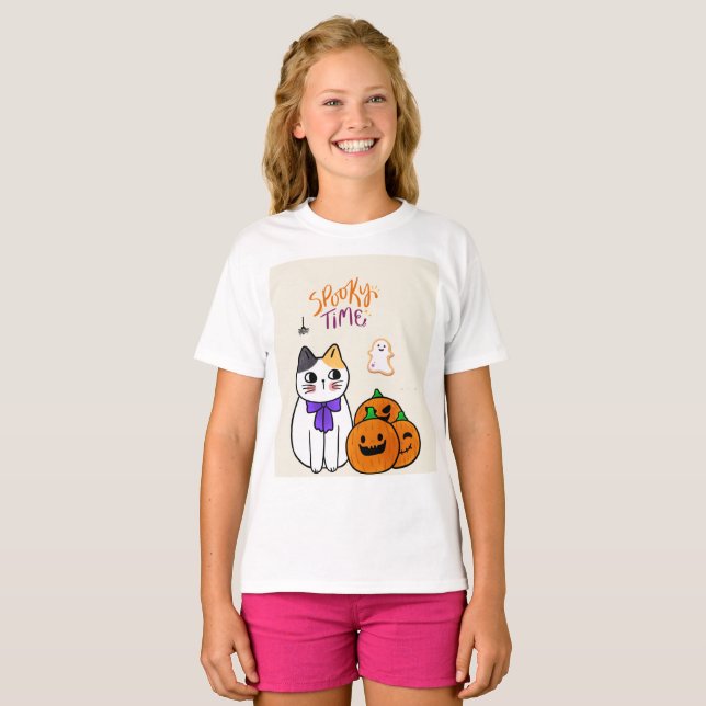 Camiseta Gato al estilo de Halloween con calabazas y fantas (Anverso completo)