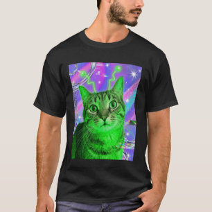 Camiseta Gato Alien Verde Púrpura Antena Sci Fi Trippy Y2K