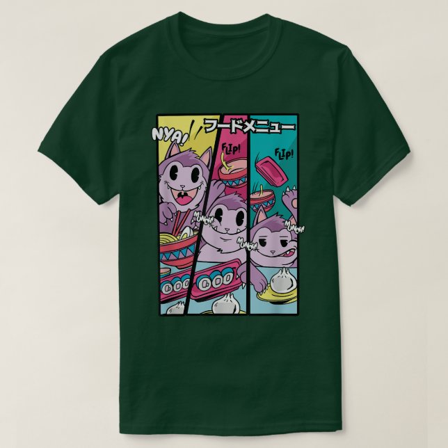 Camiseta Gato animado comiendo comida japonesa Ramen fideos (Diseño del anverso)