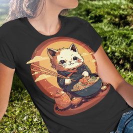 Camiseta Gato animado comiendo Ramen estilo japonés tierno