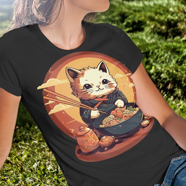 Camiseta Gato animado comiendo Ramen estilo japonés tierno (Subido por el creador)