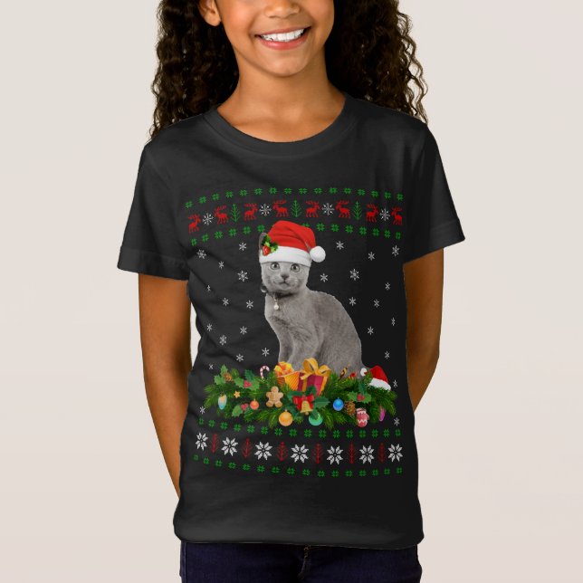 Camiseta Gato animal amante de Santa Hat gato azul ruso feo (Anverso)