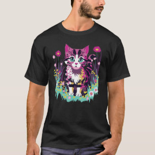 Camiseta Gato Animal Pequeño y Lindo y Flores
